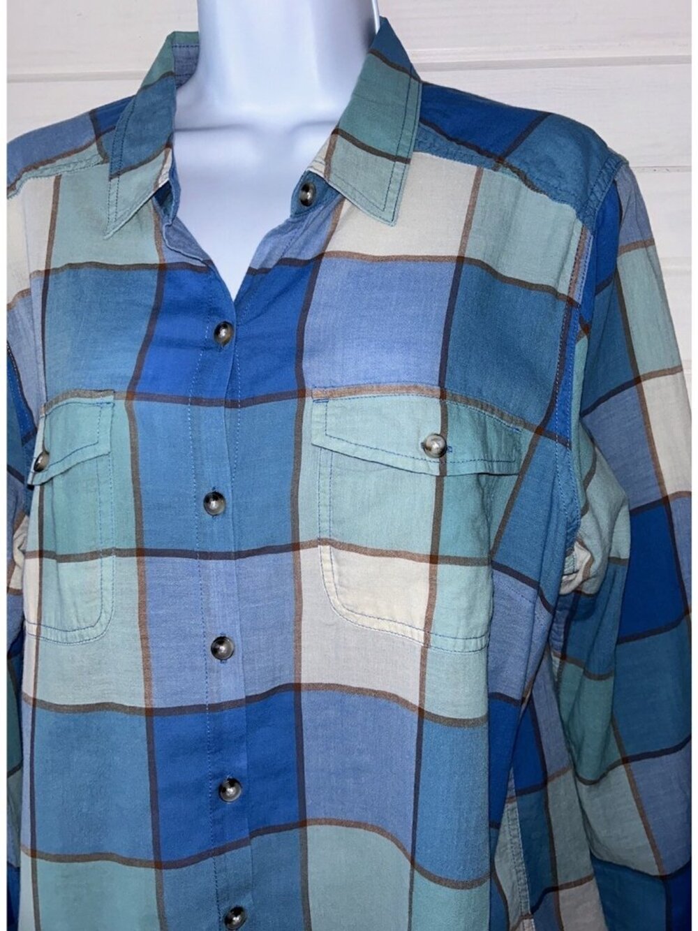 Toad & Co Sz LARGE Airbrush Deco Shirt Blue Plaid L/S Button Organic Cotton EUC
